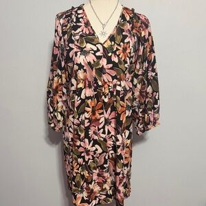 Umgee Floral V-Neck Tunic Dress in Pink, Orange, Olive on Black